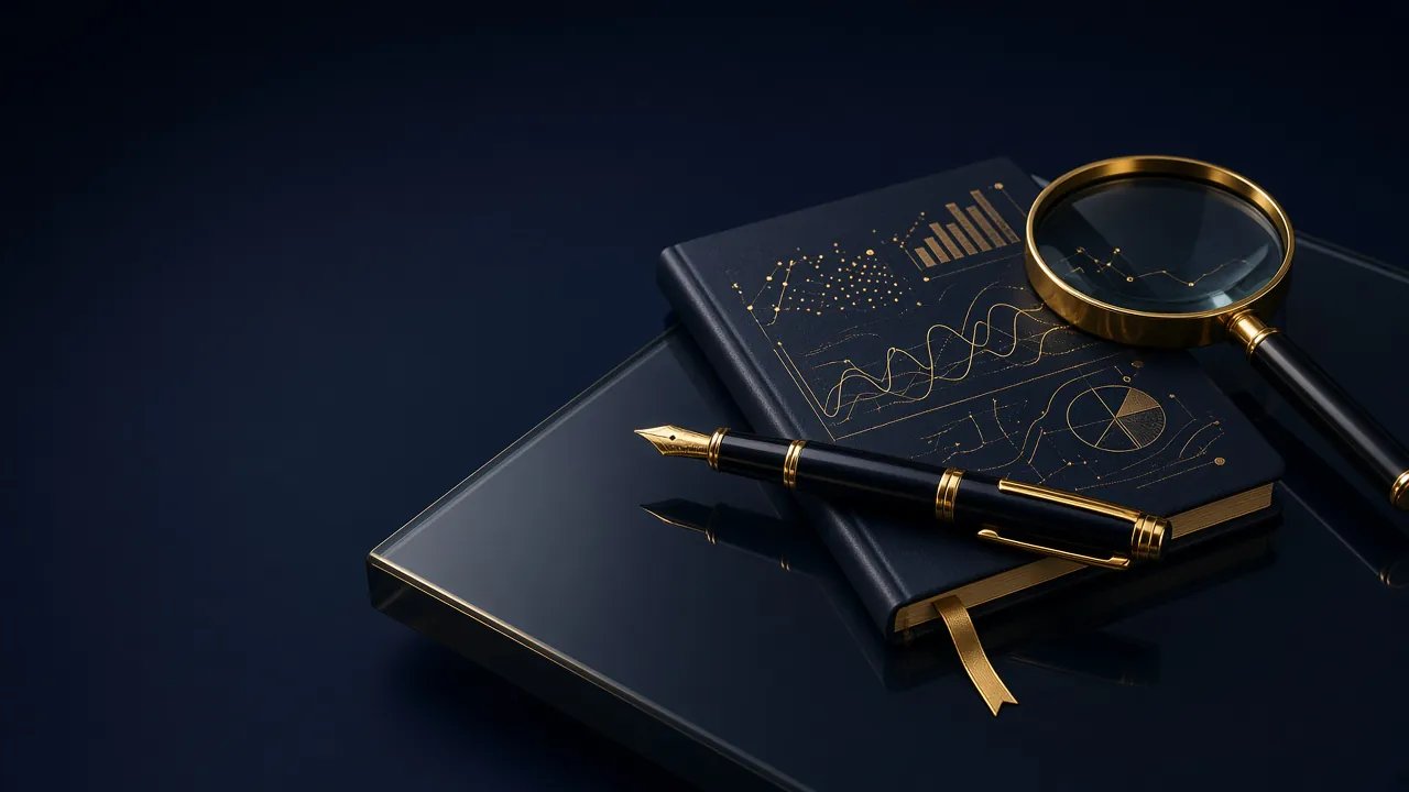 Libreta negra con gráficas doradas, pluma fuente y lupa sobre un escritorio oscuro