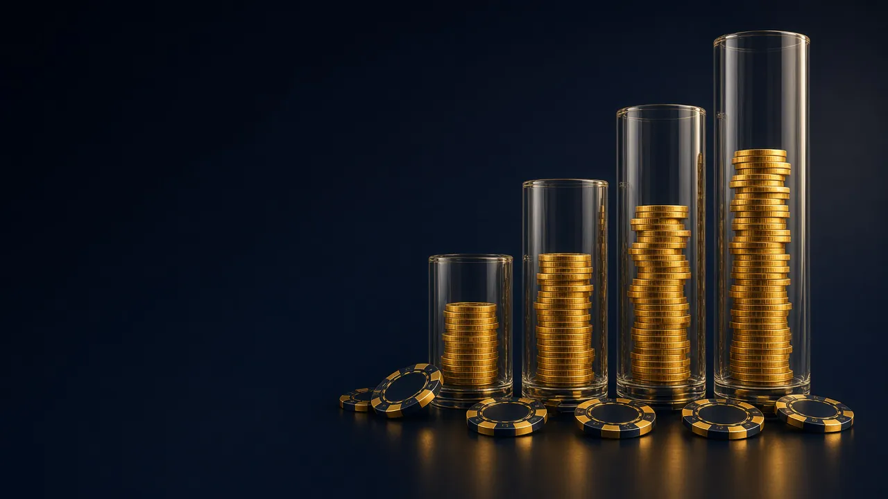 Tubos de cristal de distintas alturas llenos de monedas doradas sobre fichas