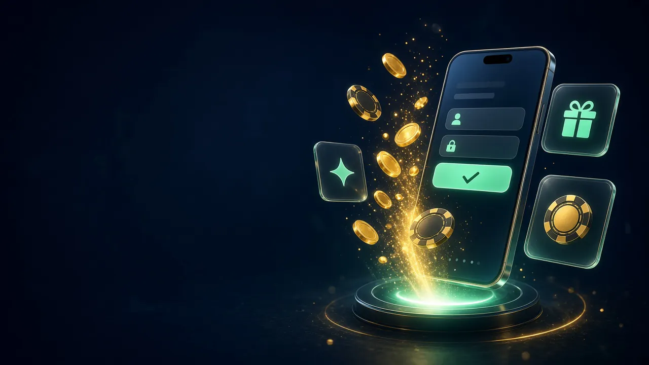 Smartphone con un formulario de registro y una palomita verde, monedas doradas que suben y paneles de vidrio con un regalo y una ficha
