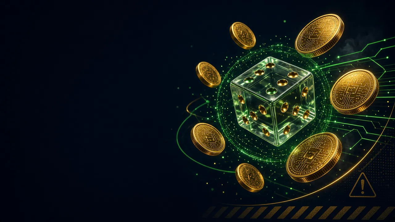 Dado de cristal verde rodeado de monedas doradas y circuitos brillantes