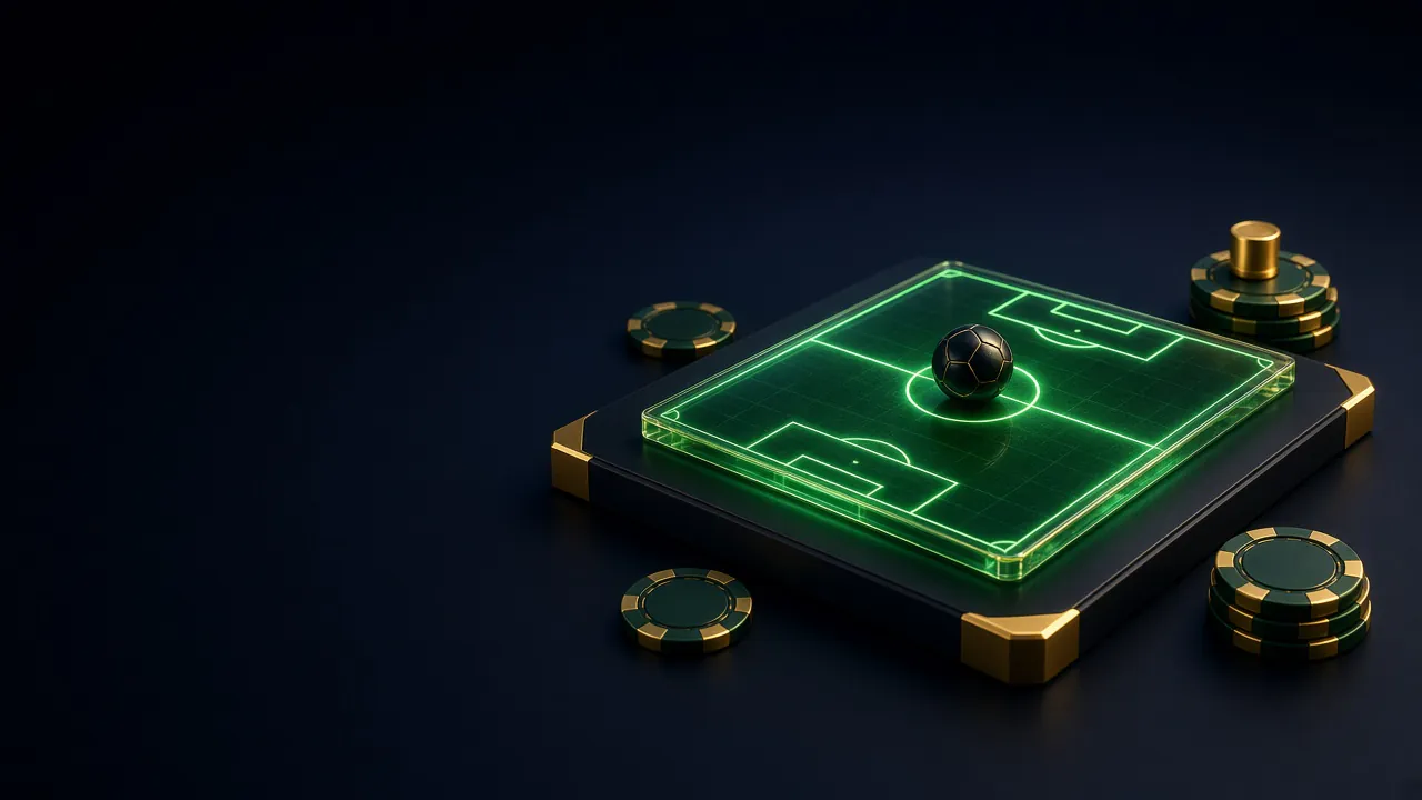Cancha de futbol de cristal verde con un balón sobre una base oscura y fichas