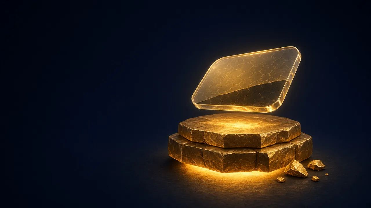 Placa de cristal dorada flotando sobre un bloque de oro brillante