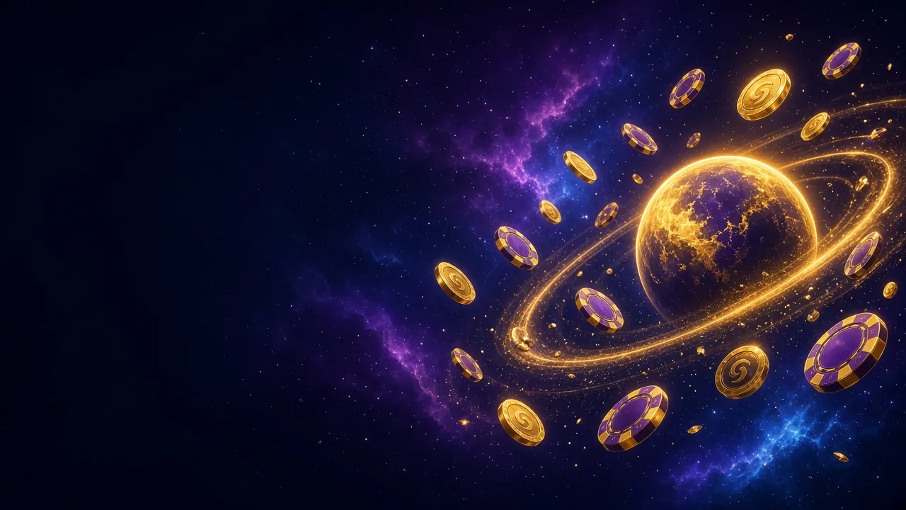 Planeta dorado con anillos rodeado de monedas y fichas moradas en el espacio