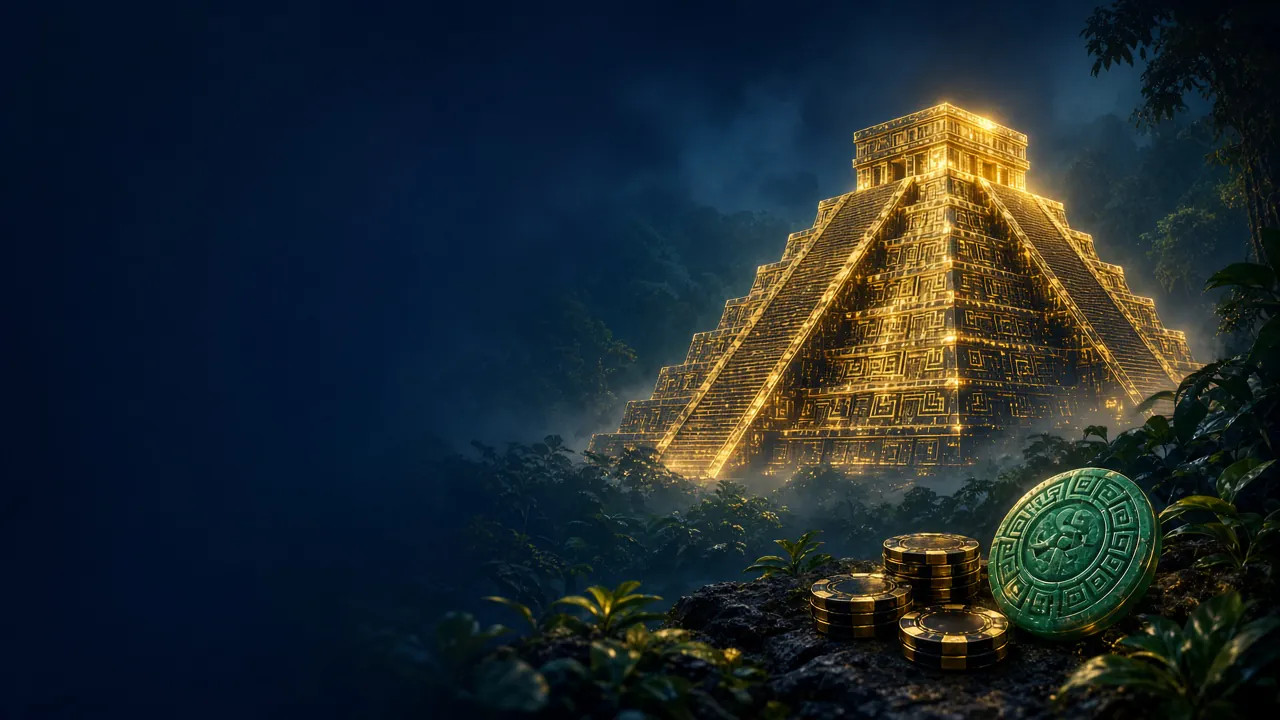 Pirámide maya iluminada en dorado en la selva con fichas y una moneda de jade