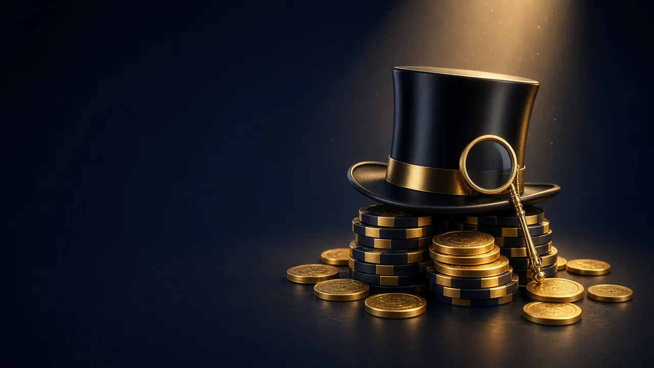 Sombrero de copa negro y monóculo dorado sobre fichas y monedas de casino