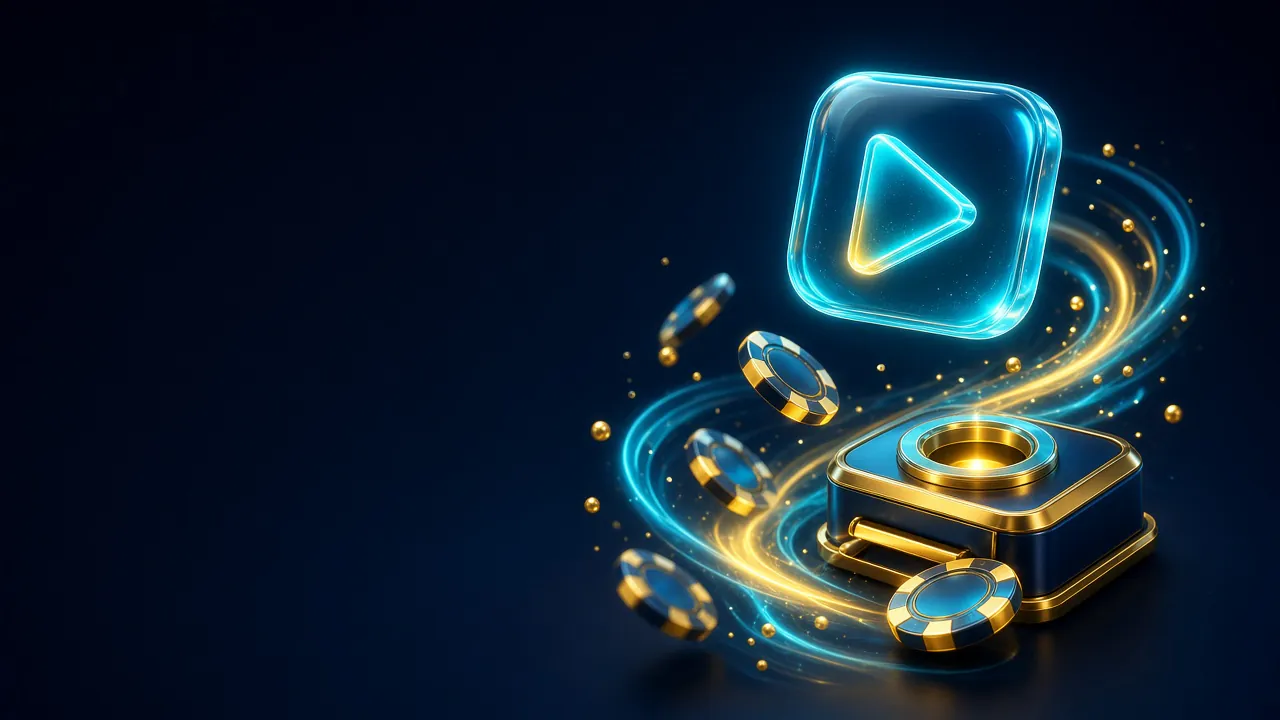 Botón de play de cristal azul sobre fichas de casino en remolino