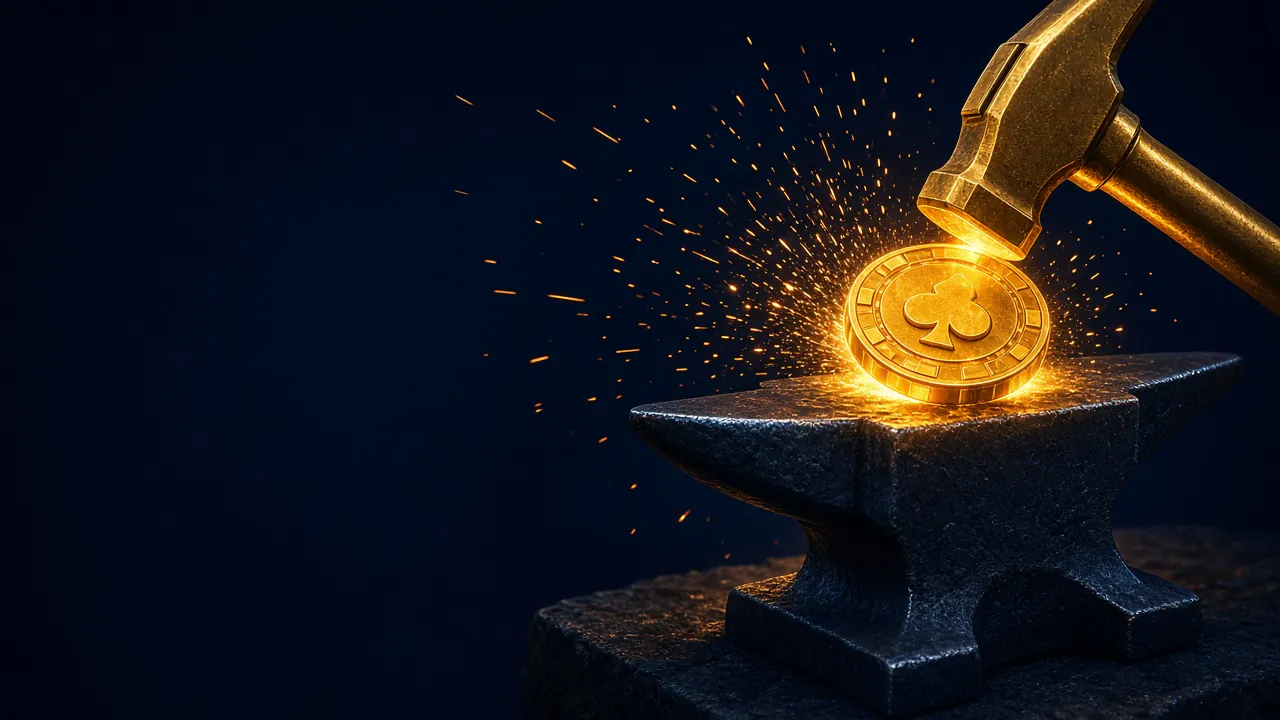 Martillo dorado forjando una ficha brillante sobre un yunque oscuro