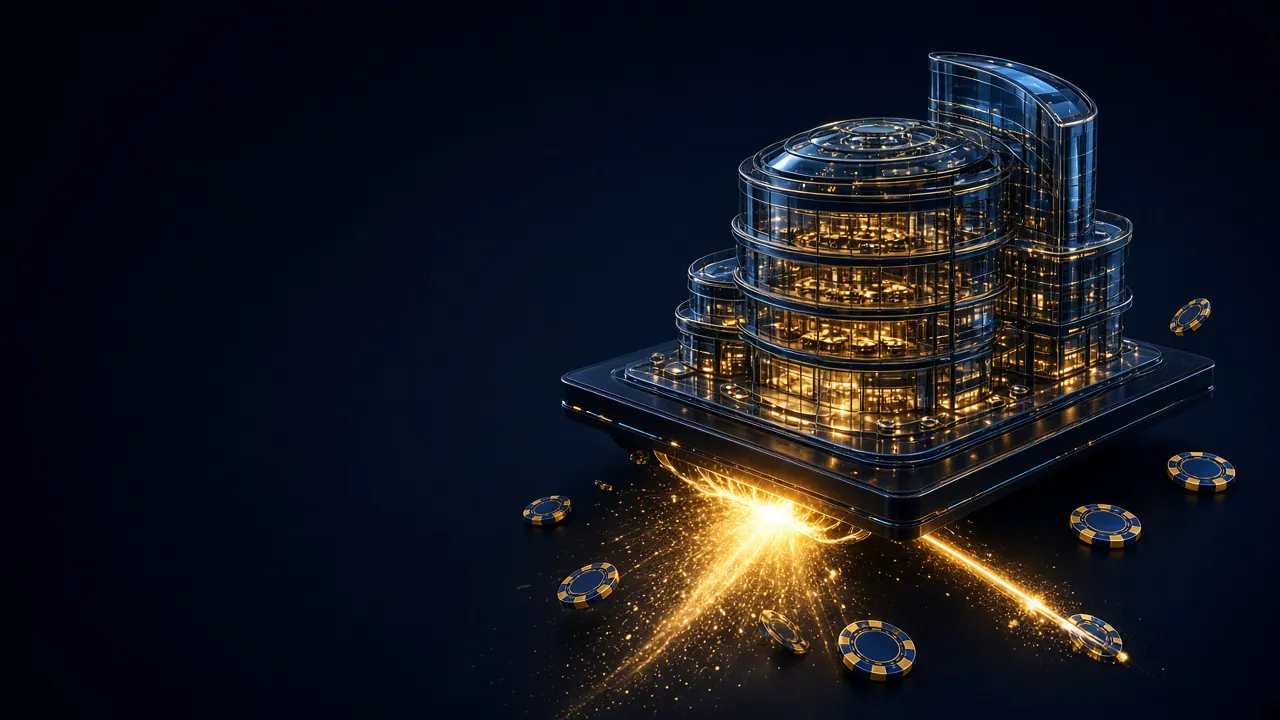 Edificio de casino de cristal en construcción con chispas doradas y fichas