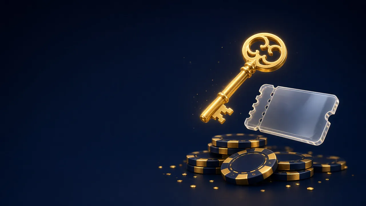 Llave dorada y cupón de cristal sobre fichas de casino