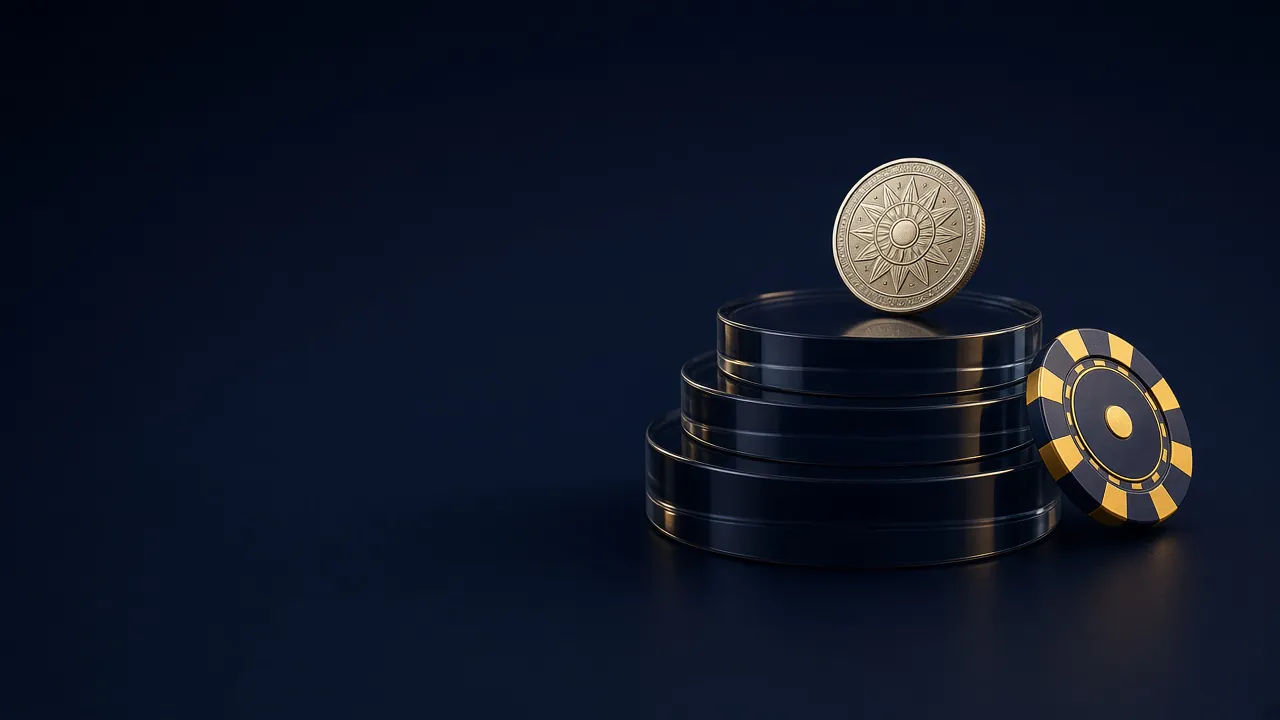 Una moneda dorada sobre un pedestal de cristal junto a una ficha