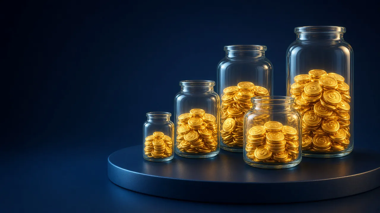 Frascos de cristal de varios tamaños llenos de monedas doradas