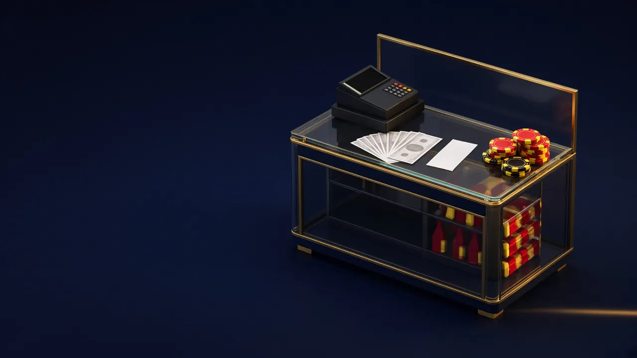 Mostrador de tienda de cristal con caja registradora, billetes y fichas